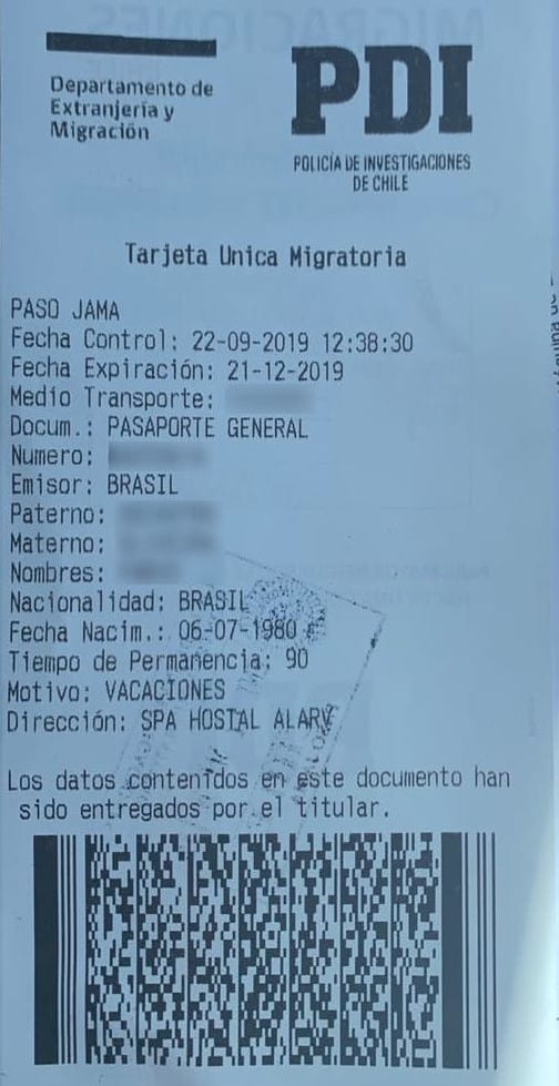 Cartão migratório Chile - Fronteira Paso de Jama